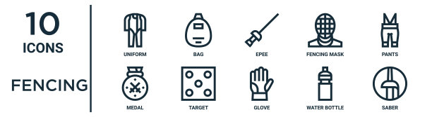 击剑轮廓图标集包括细线制服，重剑，裤子，目标，水瓶，军刀，奖章图标报告，演示，图表，网页设计图片下载