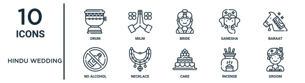 印度婚礼轮廓图标集包括细线鼓，新娘，巴拉特，项链，香，新郎，无酒精图标报告，展示，图表，网页设计图片下载