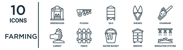 农业轮廓图标集包括细线温室，筒仓，电锯，栅栏，蜂巢，灌溉系统，胡萝卜图标报告，演示，图表，网页设计图片下载