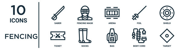 击剑轮廓图标集包括细线军刀，竞技场，盾，袜子，身体线，目标，票图标报告，演示，图表，网页设计图片下载