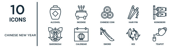 中国新年轮廓图标集包括细线酒精，中国硬币，小野，日历，锦鲤，茶壶，巴隆赛图标报告，展示，图表，网页设计图片下载