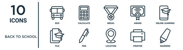回到学校大纲图标集包括细线巴士，奖章，在线学习，笔，打印机，记号笔，文件图标报告，演示，图表，网页设计图片下载