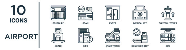 机场轮廓图标集包括细线时间表，进入，控制塔，信息，传送带，公共汽车，规模图标报告，演示，图表，网页设计图片下载