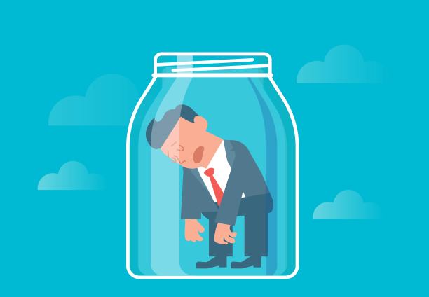 商人有问题或挫折，沮丧和绝望的商人被困在玻璃罐里图片下载