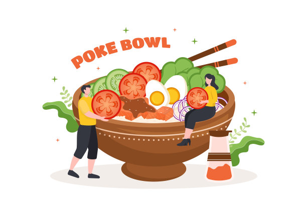 夏威夷菜戳碗食物模板手绘卡通平面插图与米饭，金枪鱼，新鲜的鱼，鸡蛋和蔬菜设计图片下载