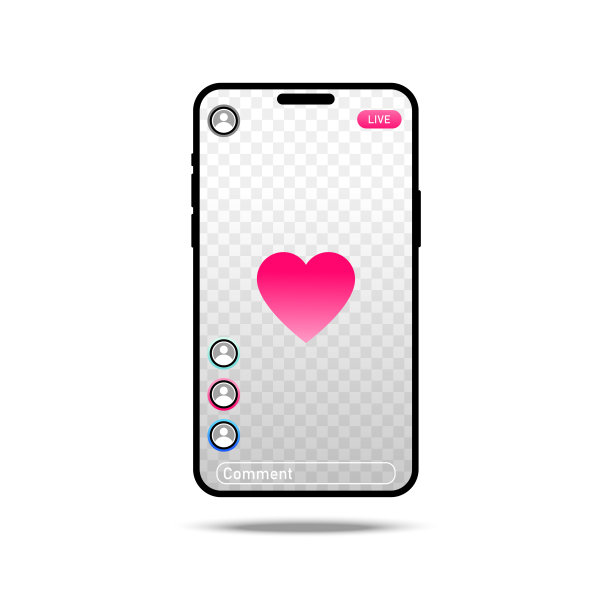 智能手机红心直播视频聊天背景。移动应用程序屏幕手机。网络符号的内容。图片下载