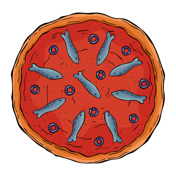 线条艺术彩色披萨与凤尾鱼和橄榄孤立在白色背景图片下载