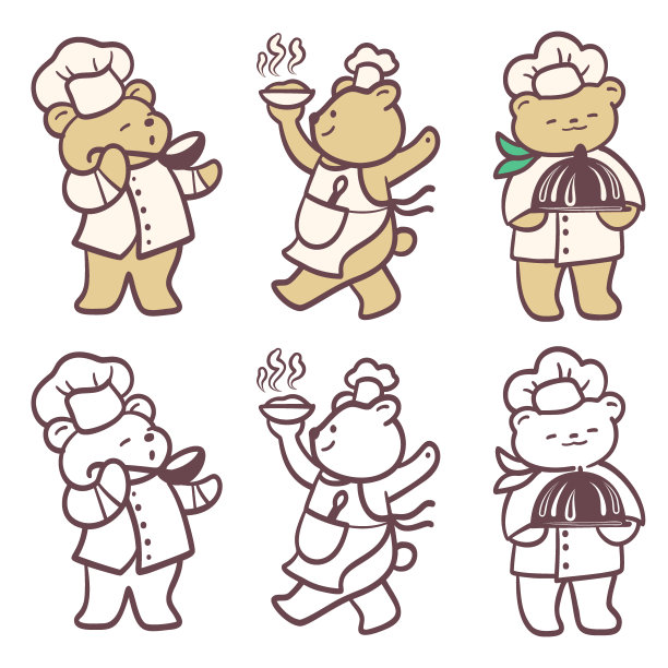 卡通熊厨师。彩色和单色版。向量图片下载