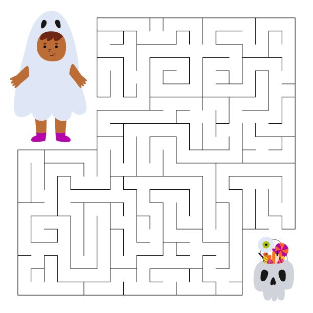 儿童迷宫游戏。可爱的男孩在服装幽灵寻找一个方法骷髅包的糖果。儿童教育游戏。图片下载