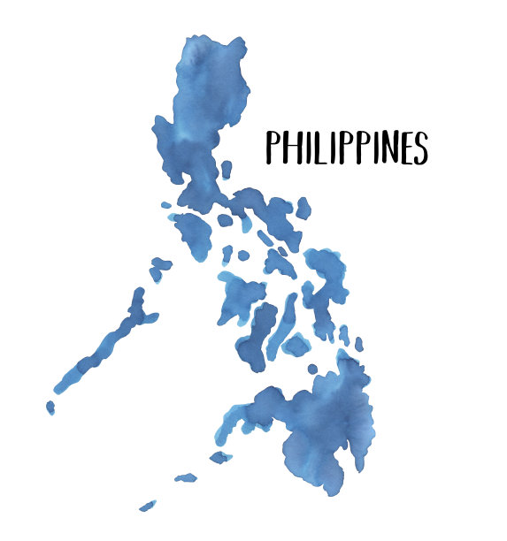 水彩画素描菲律宾地图在美丽的天蓝色的色彩与创意笔触。图片下载
