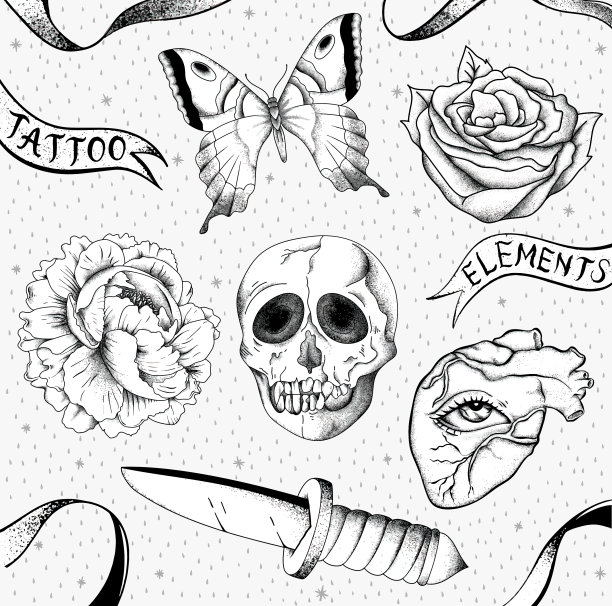 黑白两色勾勒出老式学校的闪光纹身图片下载