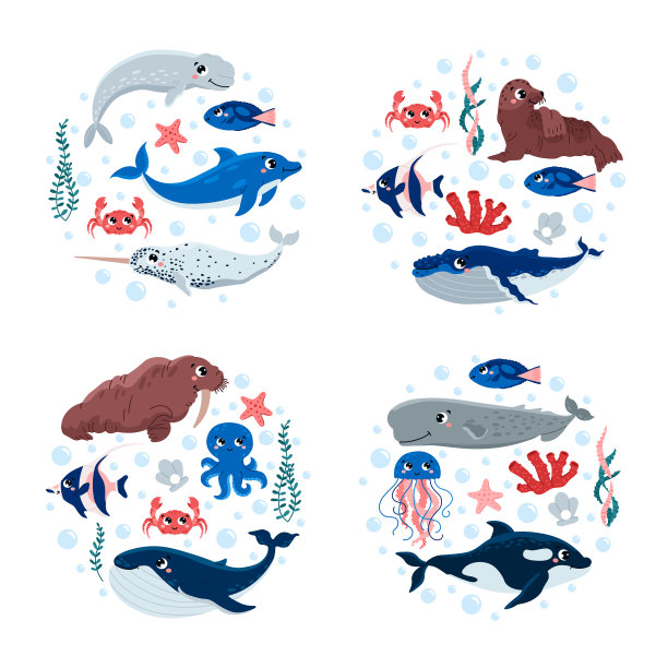海洋哺乳动物在圆形卡通扁平图片下载