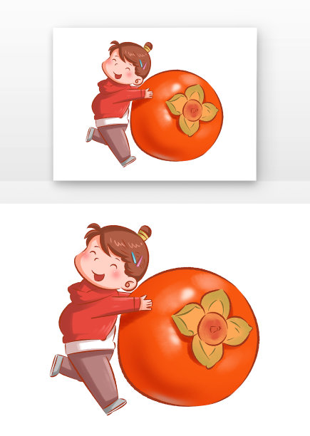 手绘可爱儿童与柿子组合图片下载