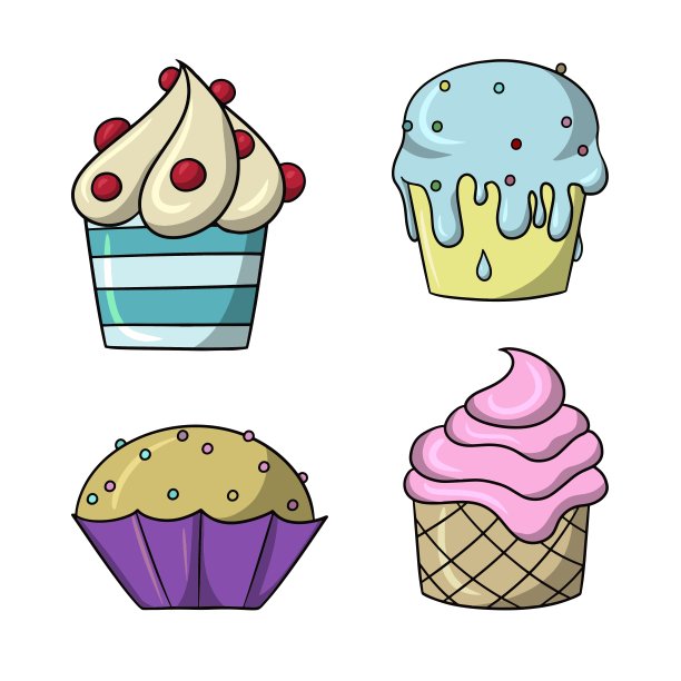 一组图标，彩色美味的纸杯蛋糕与精致的水果奶油和糖屑，矢量卡通图片下载