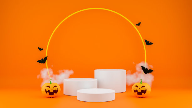 3D渲染快乐万圣节产品展示台进行展示。万圣节南瓜与白色的舞台图片下载