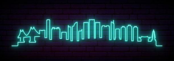 釜山的蓝色霓虹天际线。亮釜山市长旗。矢量插图。图片下载