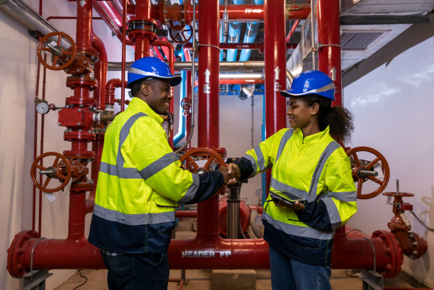 工程师或技术人员对灭火系统和消防设备进行检查。工程师检查红色发电机泵喷水灭火管道和火灾报警控制系统图片下载
