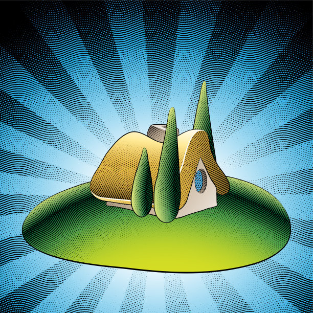 绿色花园中的童话屋，条纹背景上有高大的树木图片下载