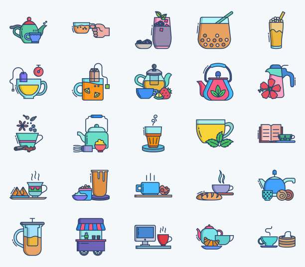 茶壶套装和凉茶、茶杯图标套装图片下载