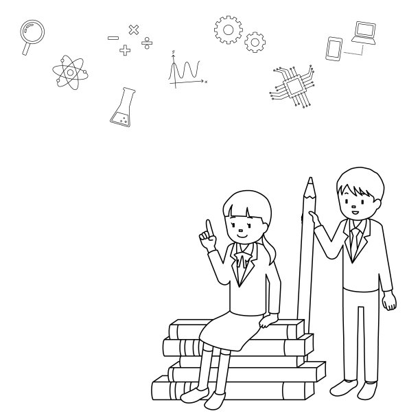 教育概念插画，一个女孩坐在一本书上，一个男孩拿着一支铅笔(白色背景，矢量，剪报)图片下载