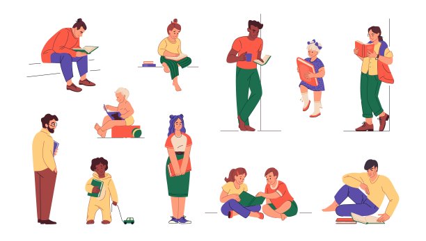 孩子们读书。学生或儿童在学校或家庭图书馆学习。女孩和男孩用课本学习。聪明的人。休闲和教育。文学爱好者。向量阅读器人员集图片下载