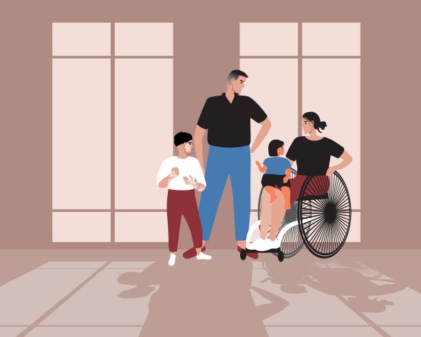 包容家庭在一起在家里，妇女在轮椅，白癜风在儿童，平面矢量股票插图与房间的窗户和阴影图片下载