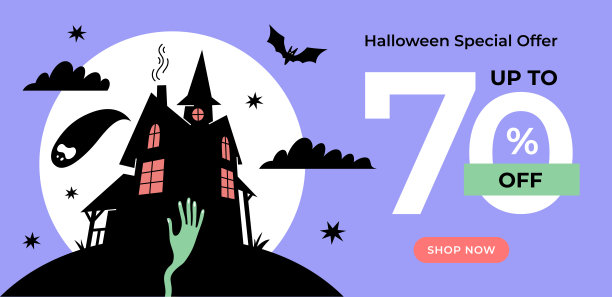 万圣节促销横幅模板与可怕的房子。图片下载