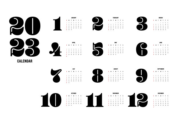 2023可打印月历模板设计，周起周日简约风格图片下载
