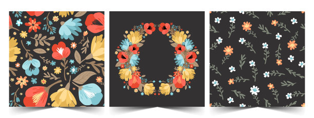 矢量集无缝的花卉图案和花环。彩色可爱的现代插画在时髦的颜色。用于织物，墙纸，床单，包装纸，明信片。图片下载