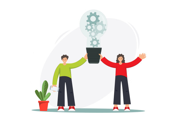 快乐的女人和男人有创造性的想法，女商人站在想法文件和灯泡在他的头上，启动概念，发明概念，平面矢量插图图片下载