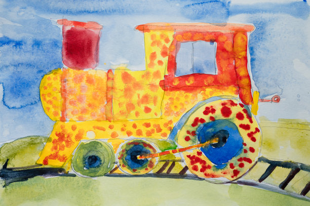 孩子们在纹理纸上DIY水彩画——一辆红橙相间的蒸汽机车在铁轨上行驶。火车运输。儿童艺术手绘图片下载