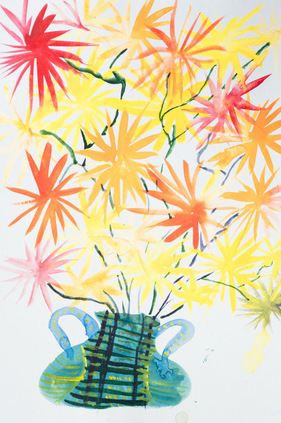 儿童diy水彩画在质感纸花瓶花束明亮盛开的菊花盛开的节日礼炮或烟花红黄颜色。儿童艺术手工绘画图片下载