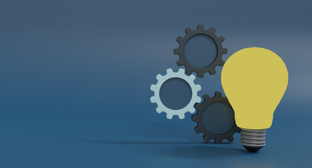 有齿轮的灯泡，与齿轮和灯互动。创造性的经营理念。3 d渲染插图。图片下载