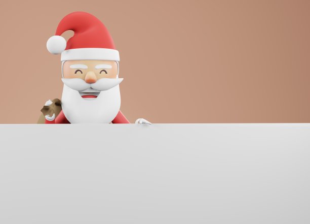 3d渲染，新年快乐和圣诞快乐卡片。快乐有趣的圣诞老人站在空白的招牌后面，空白的招牌图片下载