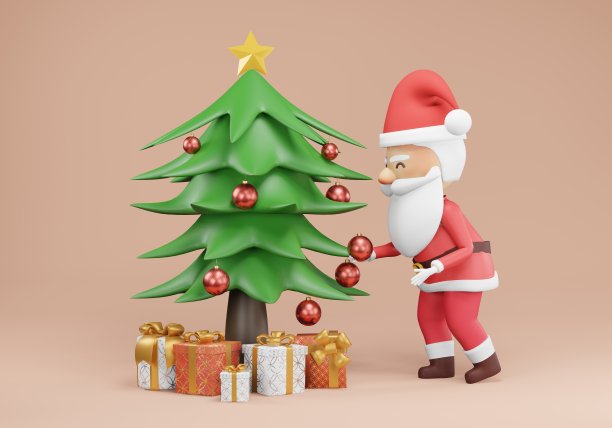3d渲染，圣诞树装饰圣诞老人侏儒谁爬满树，圣诞快乐图片下载