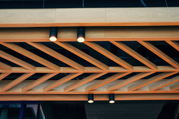 裁剪内部照片的装饰木天花板与管状黑色灯。图片下载