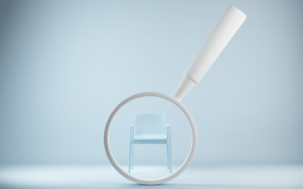 寻找新的工作机会。带放大镜的办公椅。招聘的概念。三维渲染图片下载