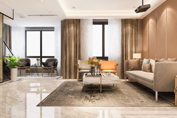 3d渲染阁楼斯堪的纳维亚客厅与工作台和书架图片下载