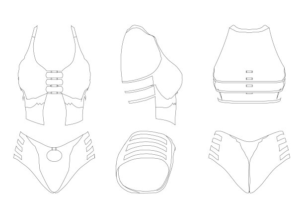 设置与轮廓的性感女性内衣从黑色的线孤立在白色的背景。正面，侧面，背面。矢量插图。图片下载