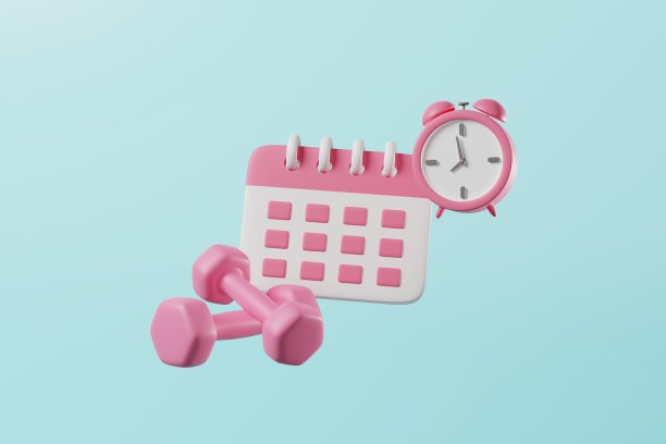 粉红色的哑铃与日历和闹钟在蓝色的背景。重量训练、健美运动、健身计划、健康节食、健美器材概念。三维渲染图片下载