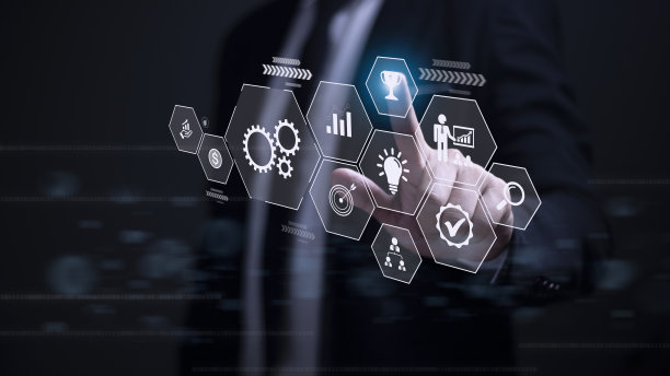 业务流程管理概念。商人接触虚拟创新运营管理齿轮图标，高质量控制，问题解决，工作流，监控和创新。图片下载