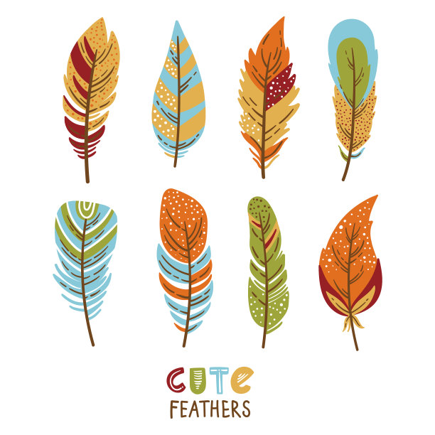 彩色手绘鸟羽毛图标集图片下载