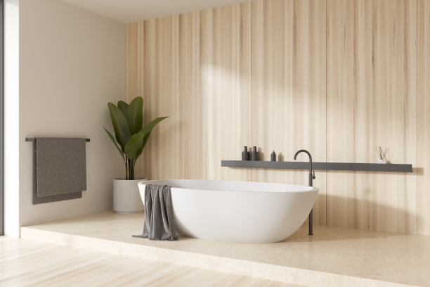 带有浴缸的明亮浴室内部的角落视图图片下载