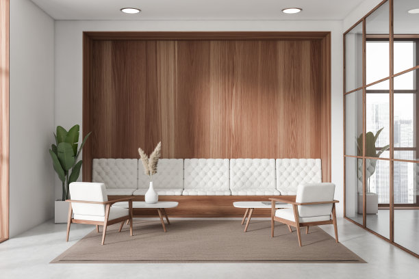 明亮的会议室内部配有沙发和扶手椅，全景窗。空墙图片下载