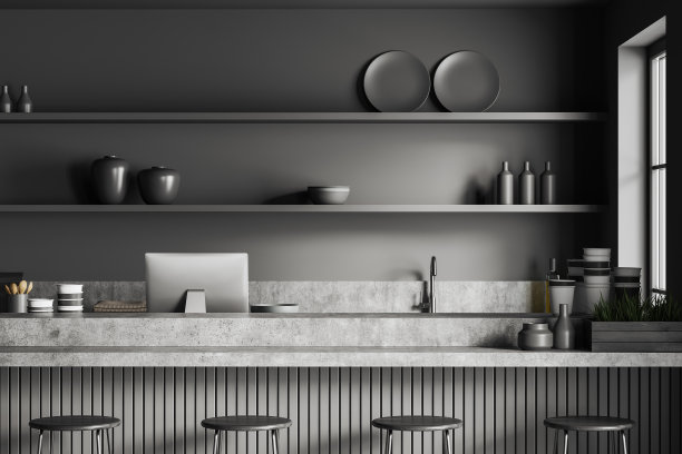 灰色的咖啡厅内部与台面和pc电脑，货架和厨房用具图片下载