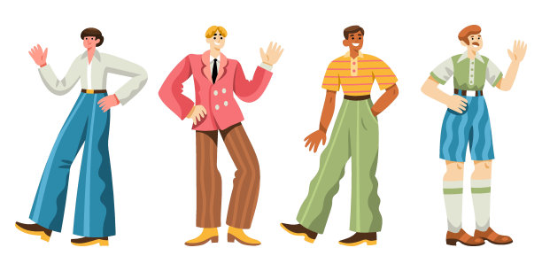 各种各样兴高采烈的男人穿着复古的六七十年代的衣服走路、站着、挥手图片下载