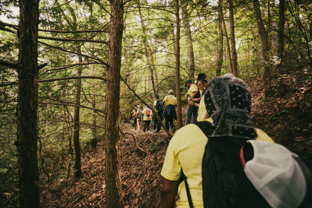 一群女人享受着通往瀑布的徒步旅行图片下载