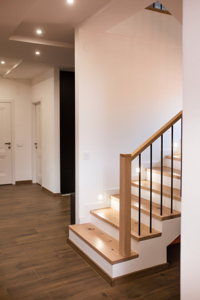 木质楼梯内的当代白色现代住宅。图片下载