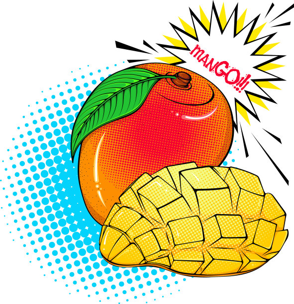 整个和切片芒果流行艺术风格贴纸图片下载