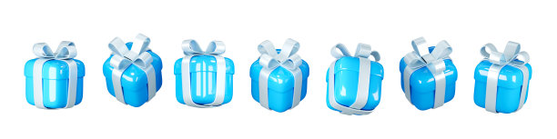 蓝色礼品盒与银色蝴蝶结孤立在白色背景在不同的观点图片下载